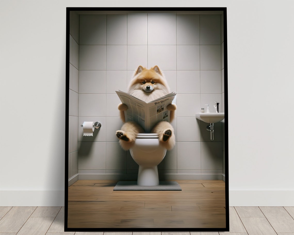 Spitz Dog Reading Newspaper While Sitting on the Toilet Funny Poster