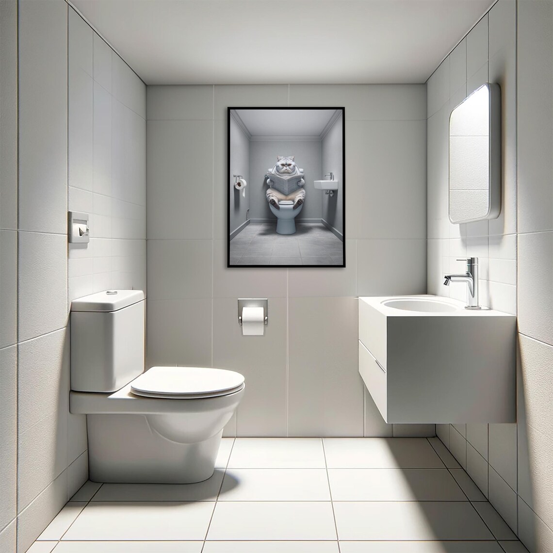 Silver Shaded Cat Reading Newspaper On The Toilet Funny Bathroom Poster - Image 4