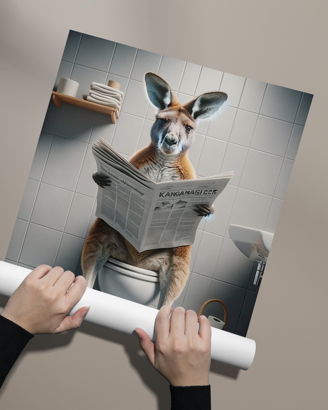 Kangaroo Reading the Newspaper, Funny Bathroom Decor - Image 2