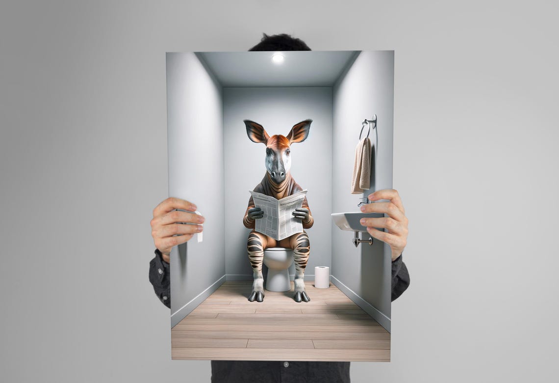 Photograph Of An Okapi Reading The Newspaper On The Toilet Funny Bathroom Decor Bathroom Wall Art Wc Toilet Poster Unique Gag Gift - Image 3