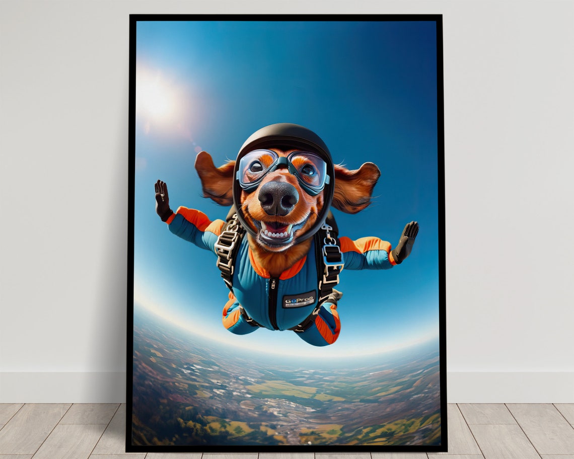 Dachshund Skydiving In Helmet And Goggles Epic Freefall Dog Poster