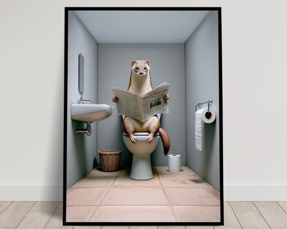 Photograph Of A Weasel Reading The Newspaper On The Toilet Funny Bathroom Decor Bathroom Wall Art Wc Toilet Poster Unique Gag Gift