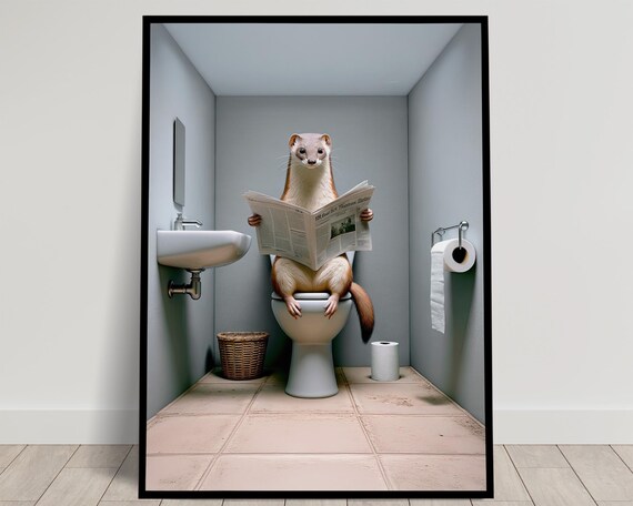 Weasel Reading the Newspaper on the Toilet Funny Bathroom Poster