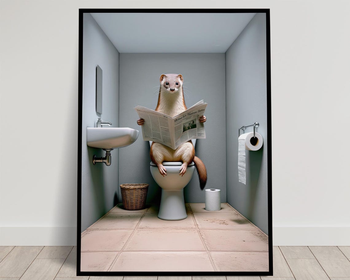Weasel Reading the Newspaper on the Toilet Funny Bathroom Poster