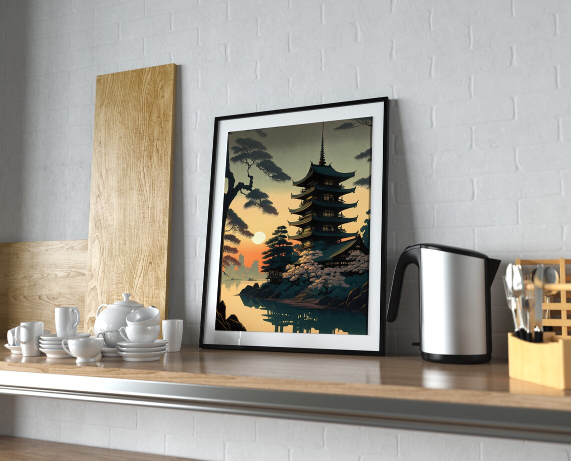 Five Story Pagoda At Sunrise Cherry Blossoms Lake Art Poster - Image 4