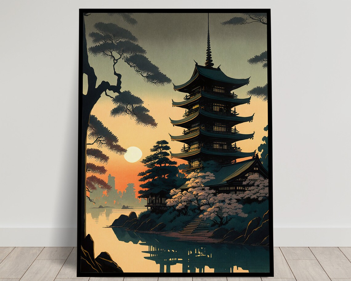 Five Story Pagoda At Sunrise Cherry Blossoms Lake Art Poster