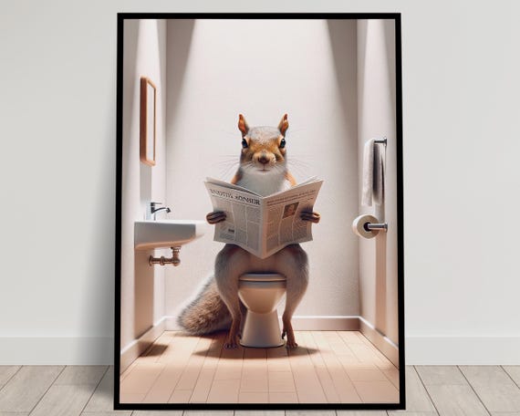 Photograph Of A Squirrel Reading The Newspaper On The Toilet Funny Bathroom Decor Bathroom Wall Art Wc Toilet Poster Unique Gag Gift