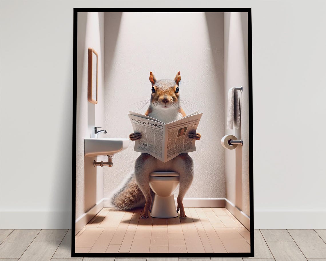 Squirrel Reading the Newspaper on the Toilet Funny Bathroom Poster