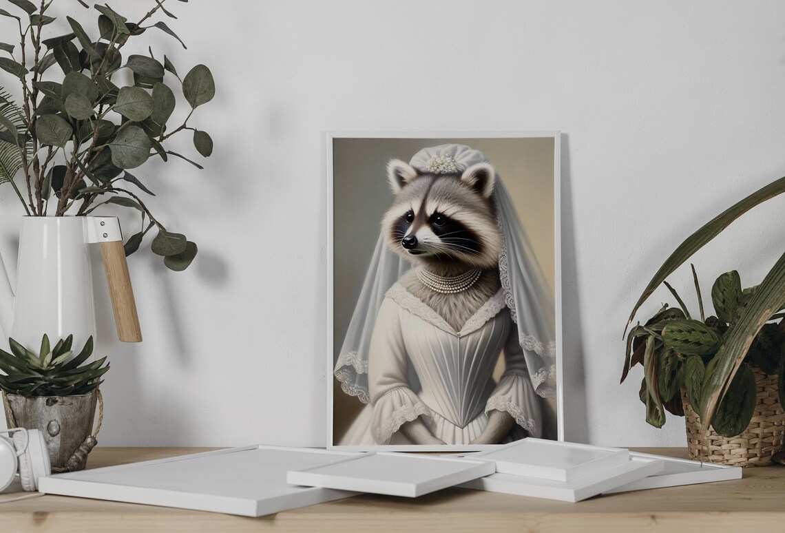 Raccoon Bride in a White Corset Wedding Dress Woodland Animal Poster - Image 2