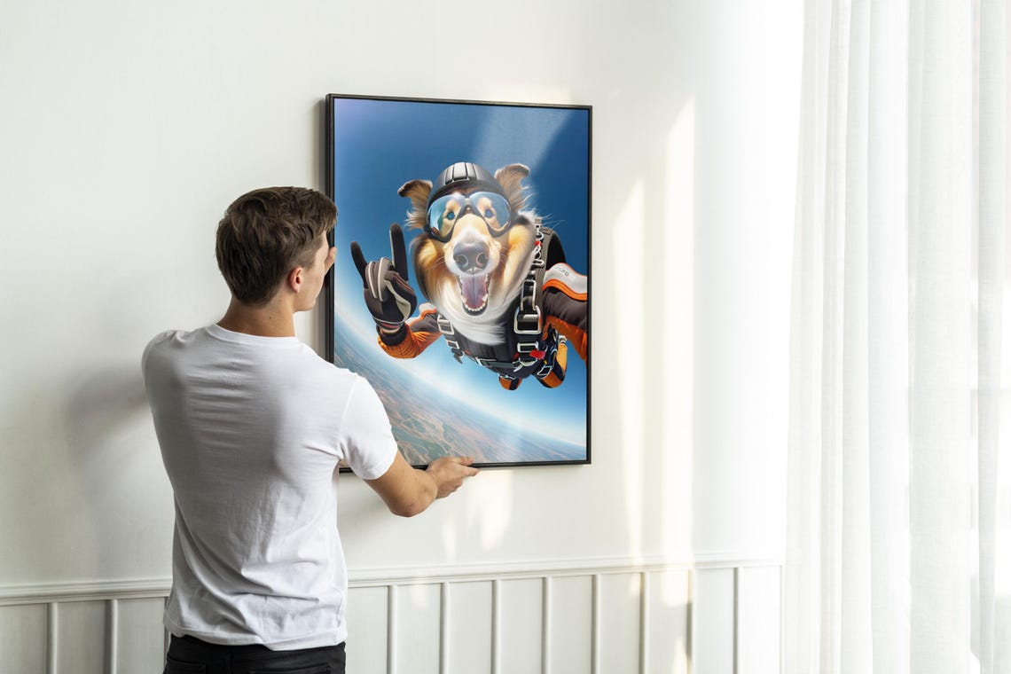 Epic Skydiving Collie Dog In Parachute Gear Goggles Art Poster - Image 2