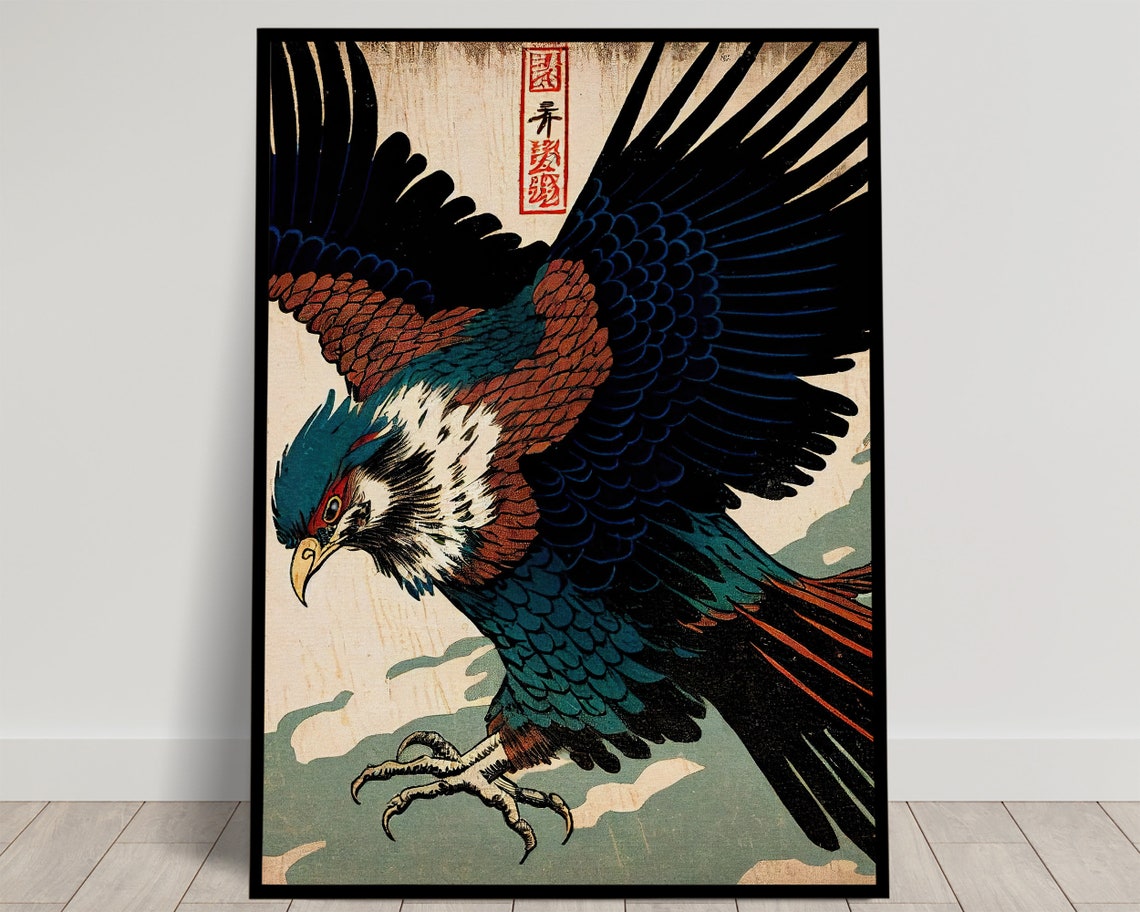 Soaring Eagle With Spread Wings Japanese Woodblock Art Poster