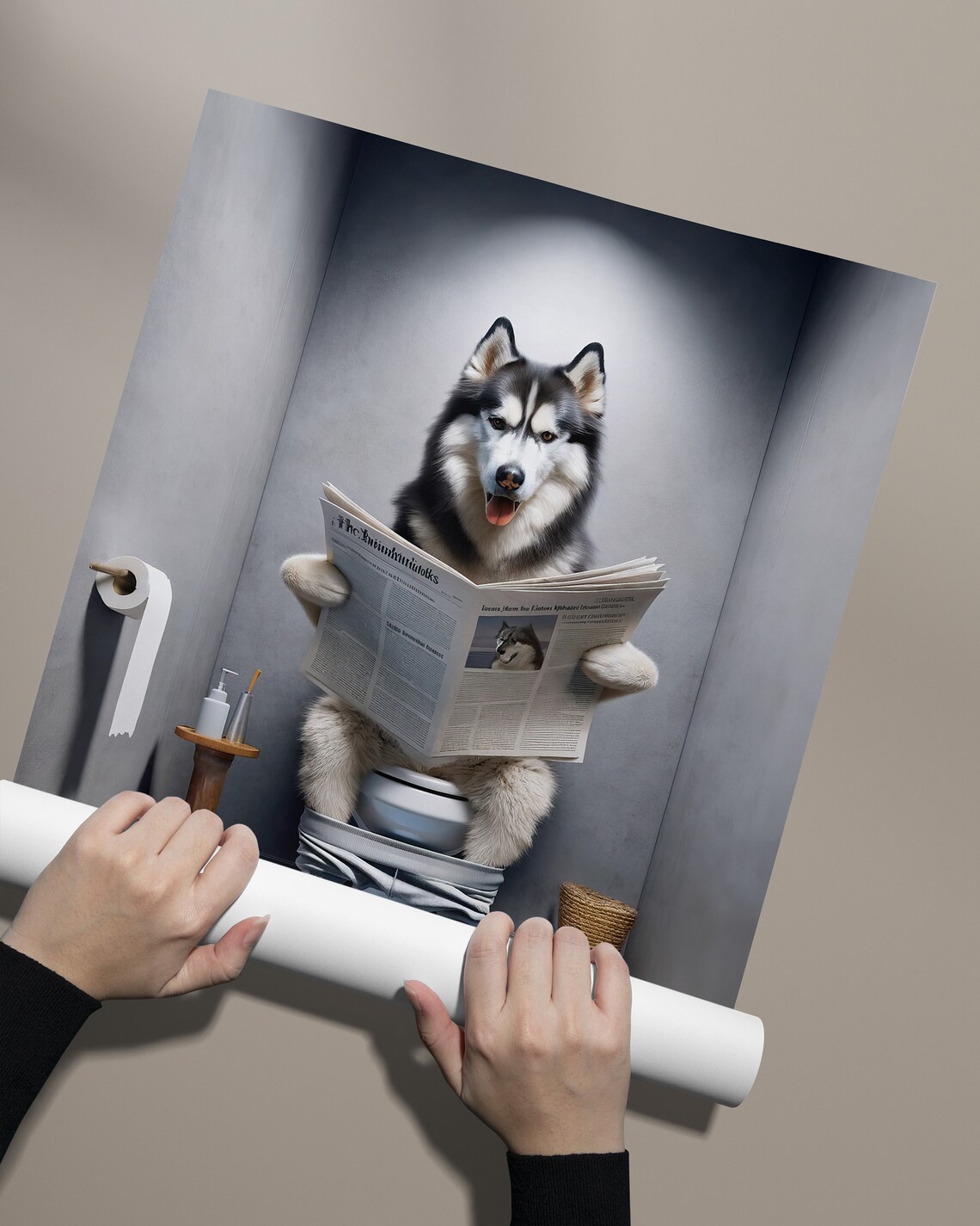 Funny Siberian Husky Reading Newspaper On Toilet Humor Poster - Image 2