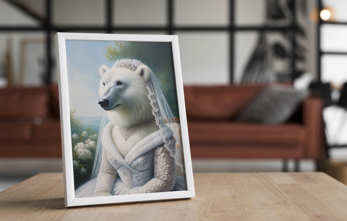 Polar Bear Bride in a White Lace Gown by the Sea Wedding Animal Poster - Image 4