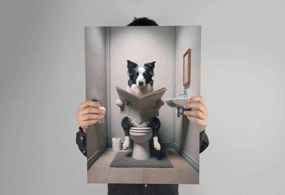 Funny Border Collie Reading Newspaper On Toilet Bathroom Humor Poster - Image 3