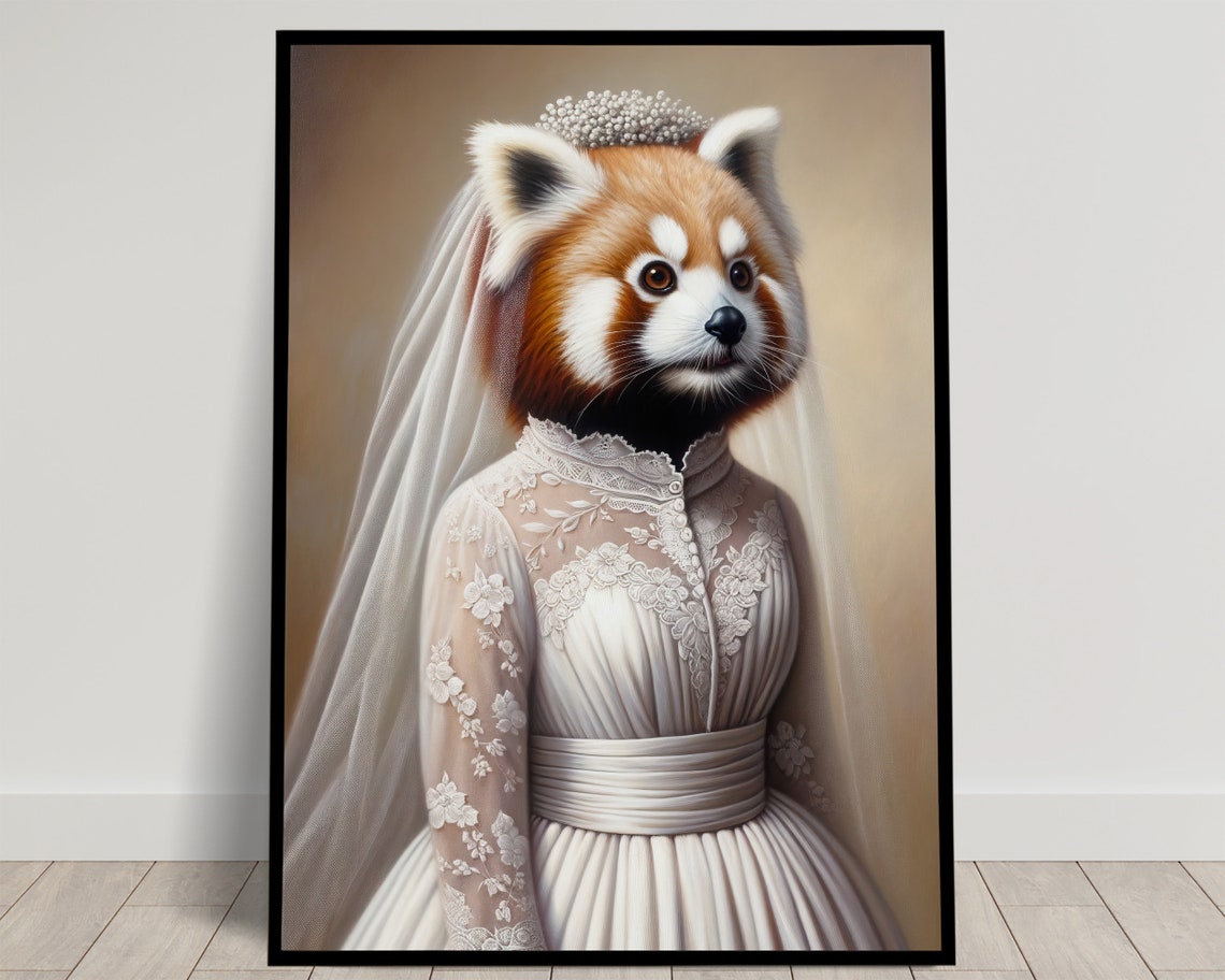 Red Panda Bride in a Lace Wedding Gown with a Pearl Tiara Poster