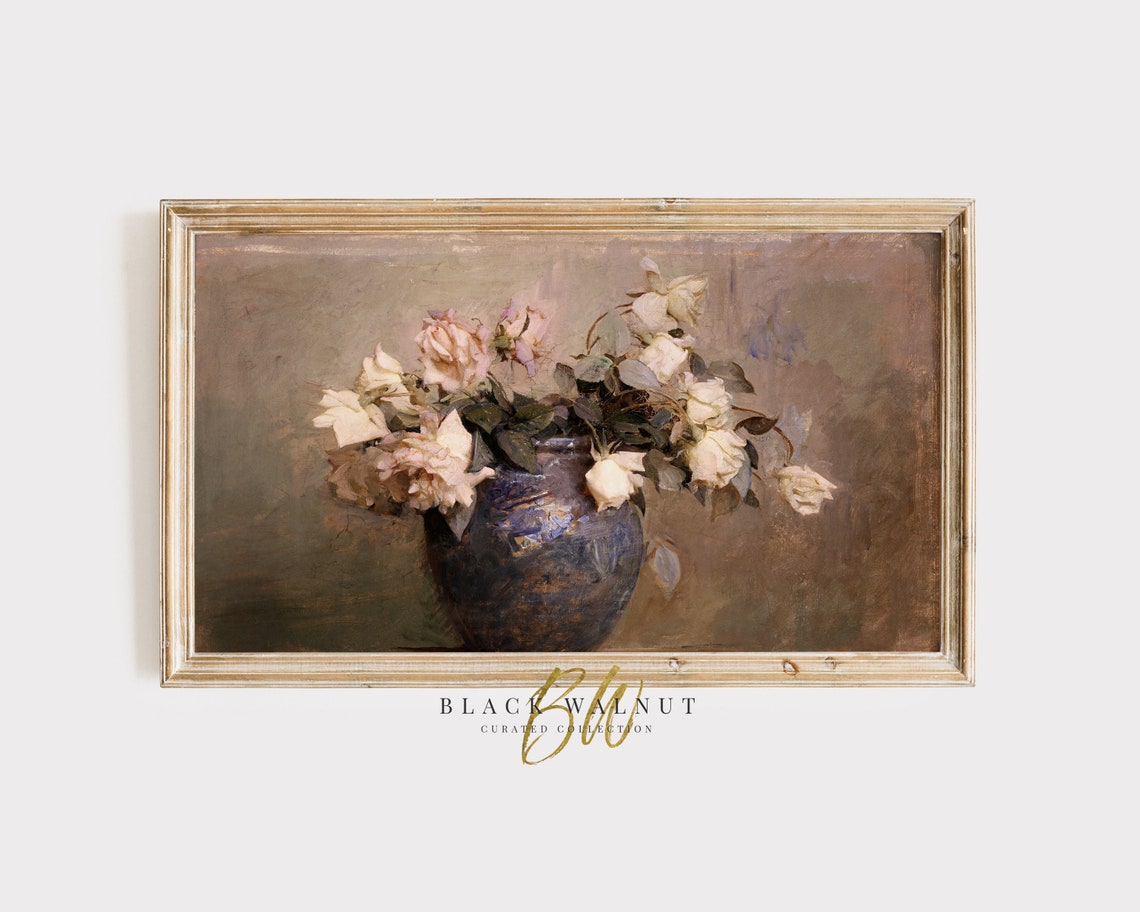 Vintage Roses Tv Art Roses Painting For Frame Tv Blush Pink Flowers Antique Oil Painting French Country Farmhouse