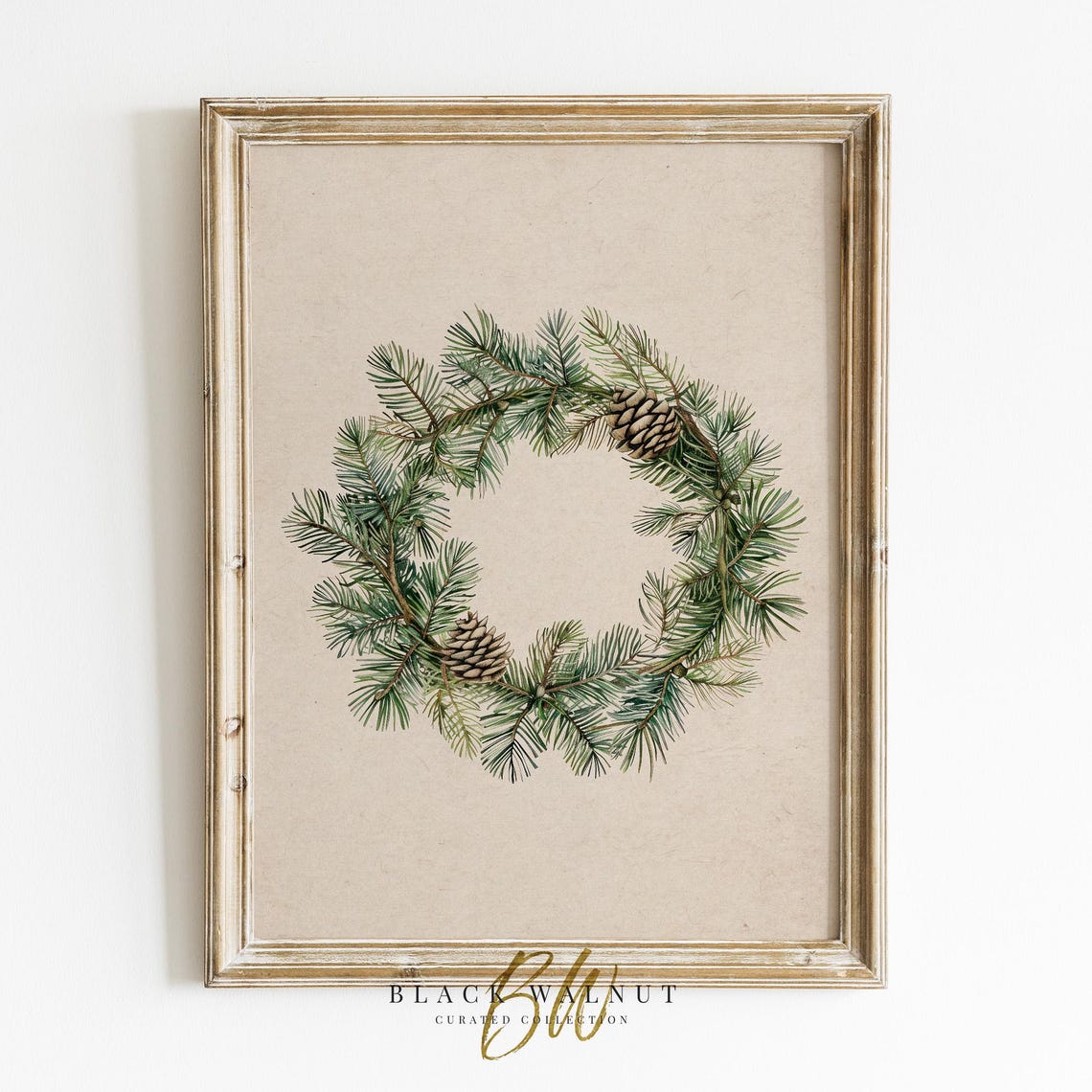 Watercolor Evergreen Wreath With Pinecones Christmas Botanical Poster