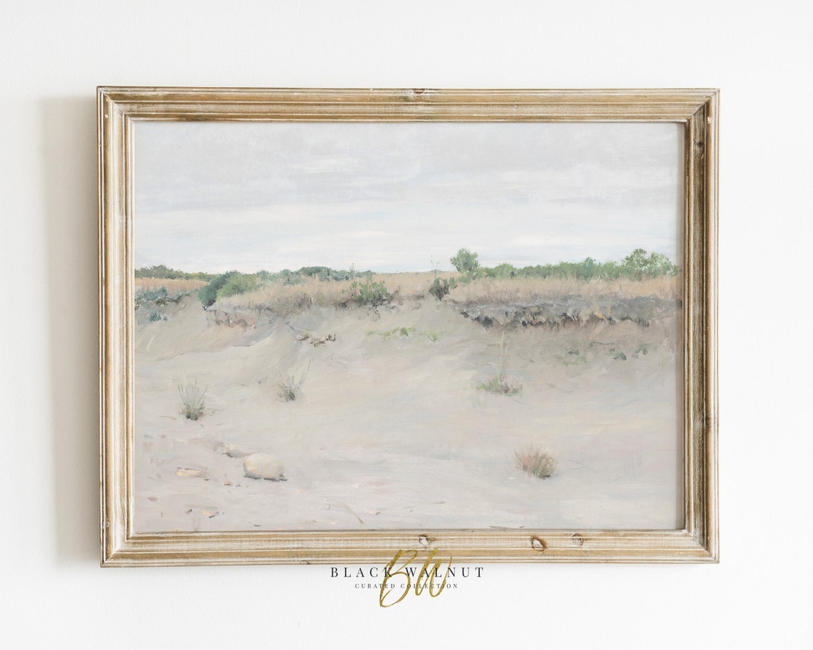 Pale Sandy Dry Landscape Sparse Bushes Neutral Minimalist Art Poster