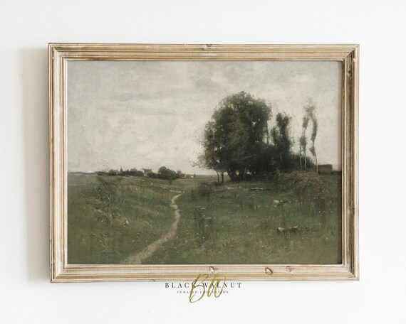 Country Landscape Painting Vintage Moody Wall Art Kitchen Shelf Print Antique Oil Painting Horizontal Wall Art Green Meadow With Trees