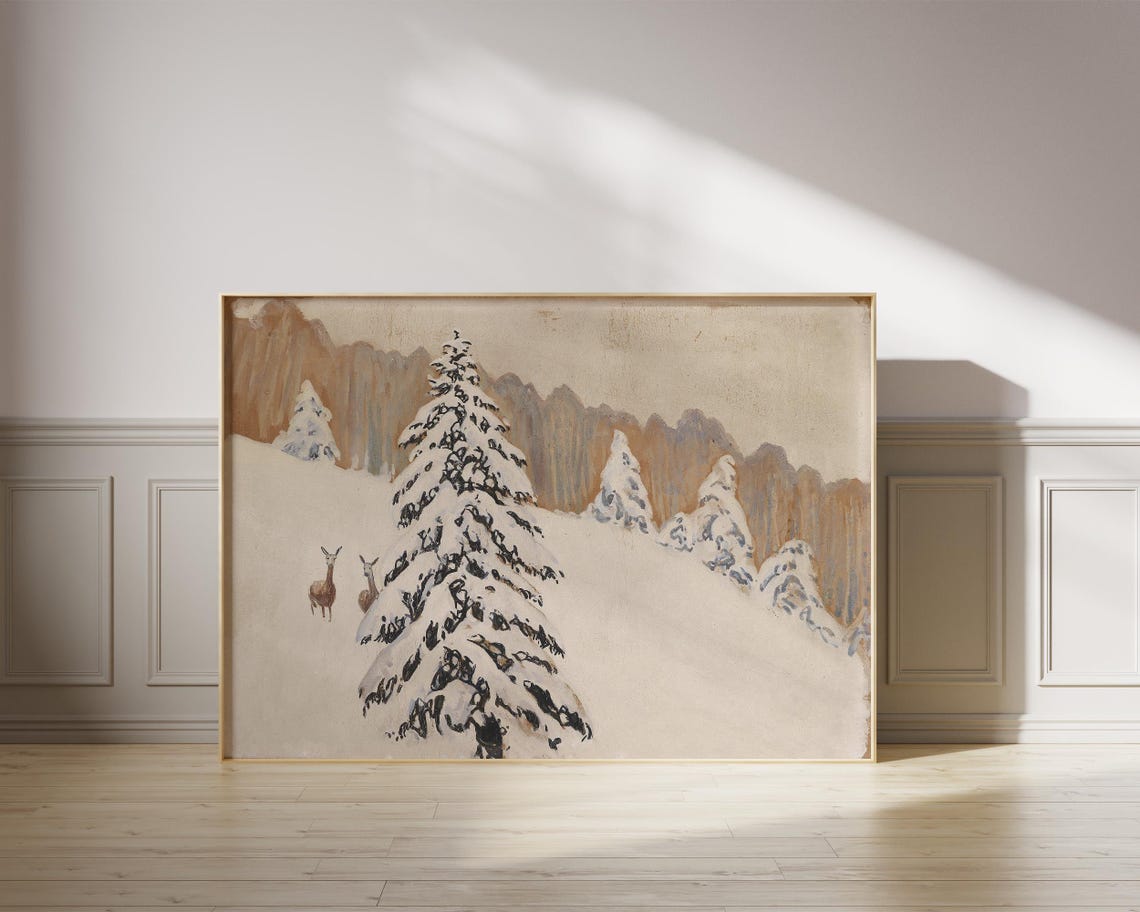 Vintage Winter Forest Deer Snowy Landscape Neutral Holiday Wall Poster - Image 2