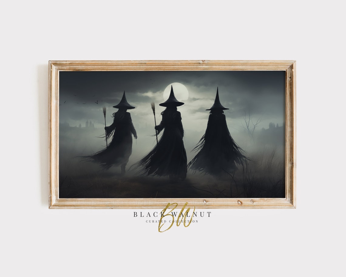 Three Witches Under Full Moon Moody Gothic Halloween Art Poster