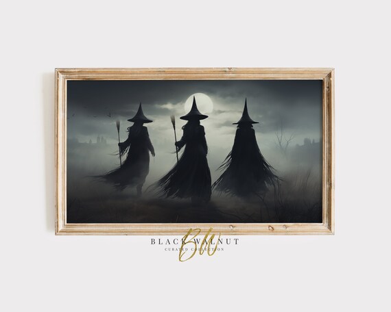 Three Witches Under Full Moon Moody Gothic Halloween Art Poster