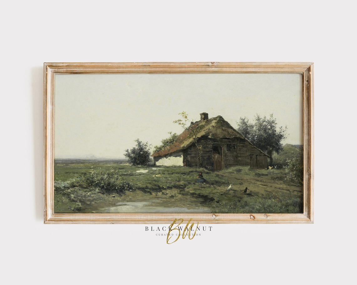 Old Thatched Roof Barn Cottage Meadow Vintage Farm Oil Painting Print