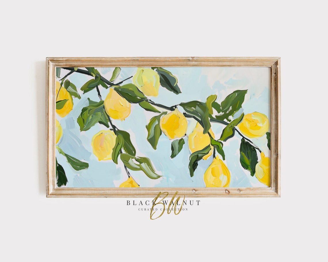 Lemon Tree Branch Painting Bright Yellow Citrus Fruit Kitchen Wall Art