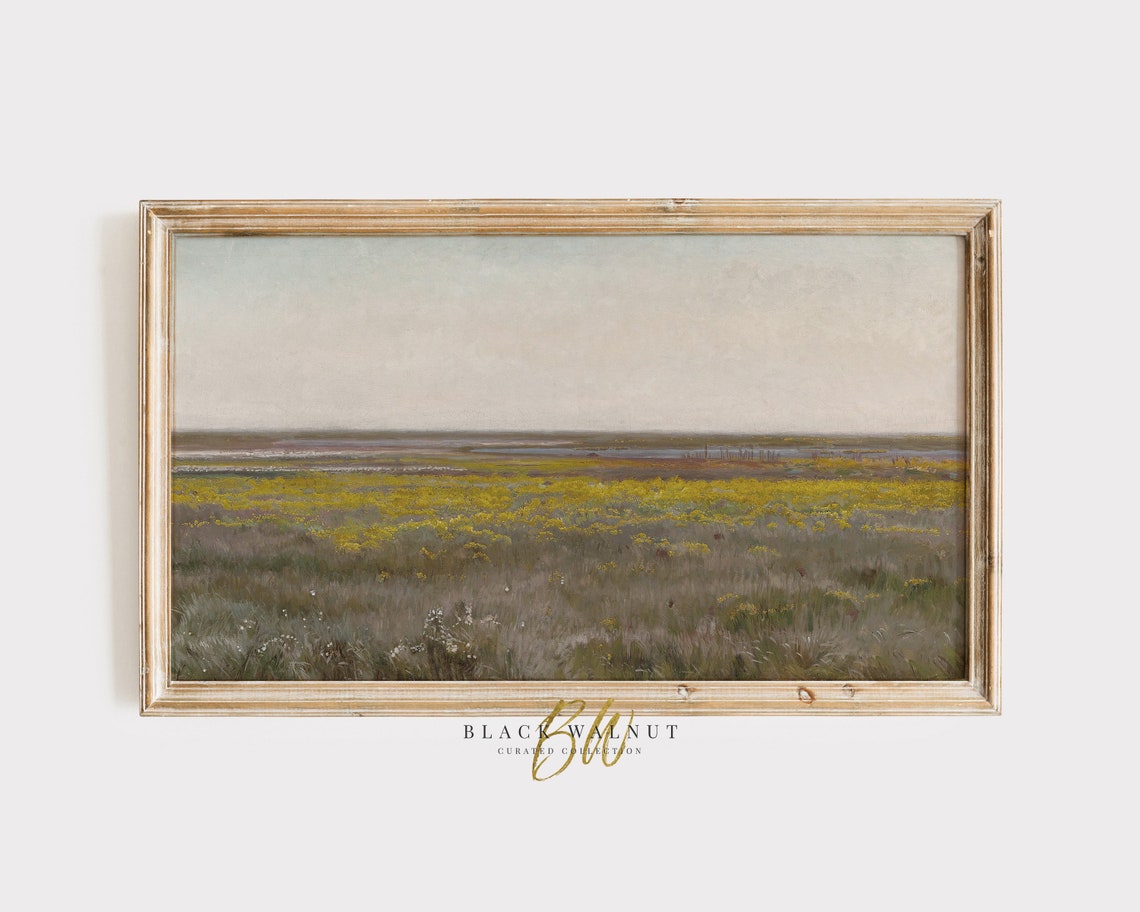 Frame Tv Art Vintage Spring Meadow Antique Oil Painting Yellow Field French Country Farmhouse Decor