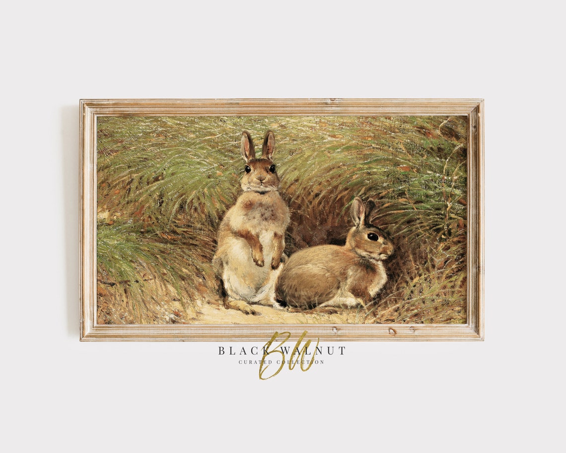 Two Rabbits Grass Vintage Oil Painting Bunny Wall Art Poster