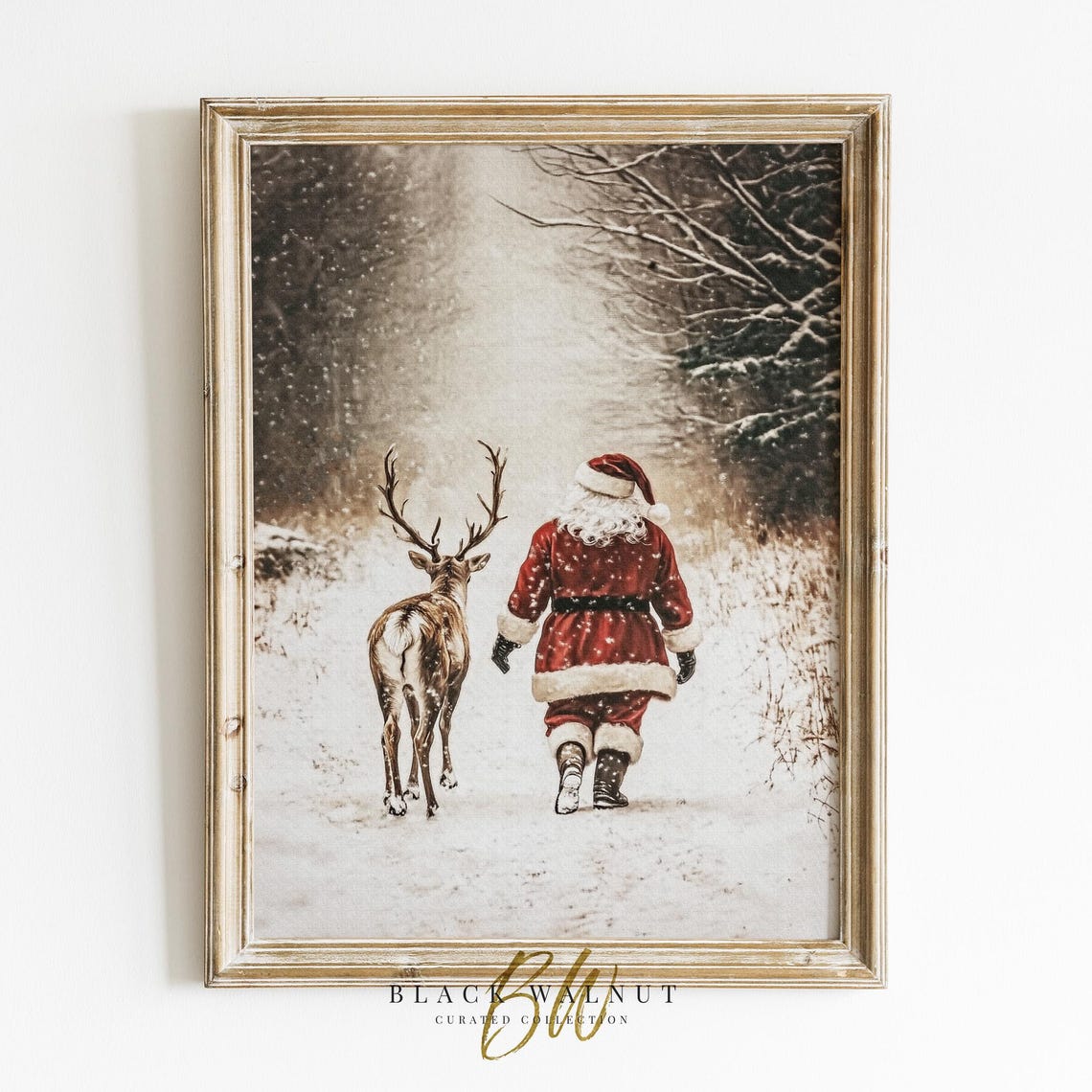 Santa Claus Walking With Reindeer In Snowy Forest Christmas Art Poster