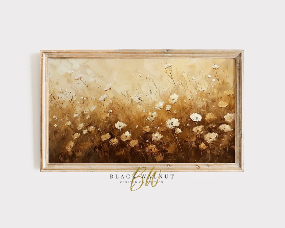 Fall Frame Tv Art Neutral Wildflowers Painting Golden Meadow Warm Tone Field Landscape Flower Country Painting Modern Farmhouse