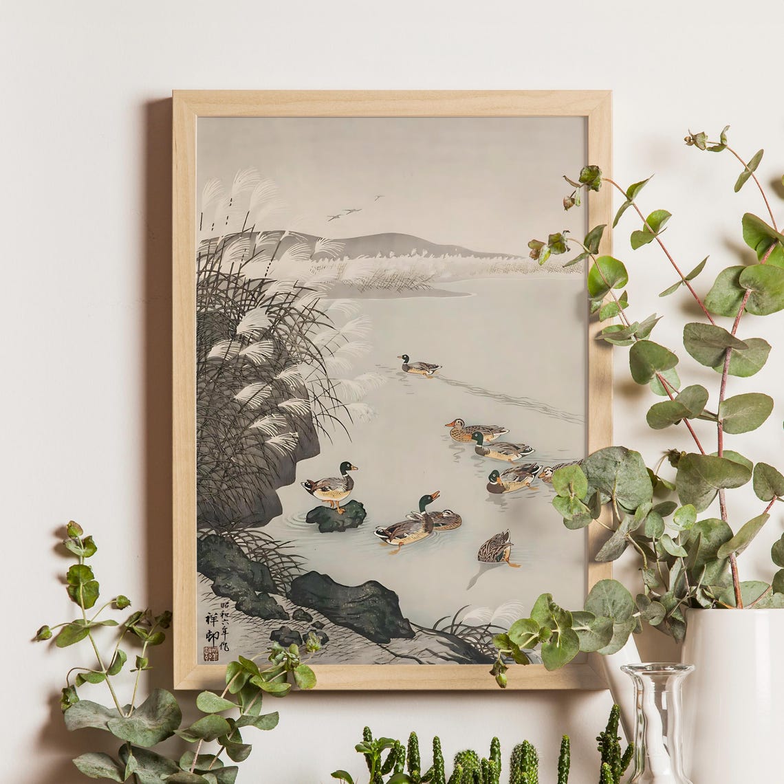 Mallards Swimming in Coastal Scene Japanese Woodblock Poster