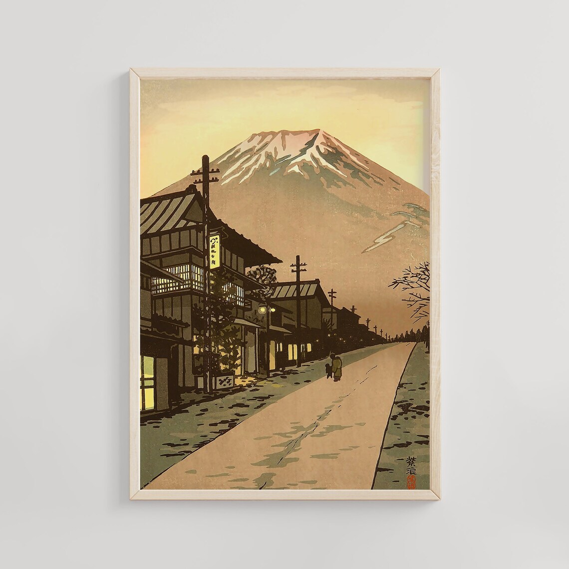 Mount Fuji Over Japanese Town Street Dusk Evening Woodblock Poster