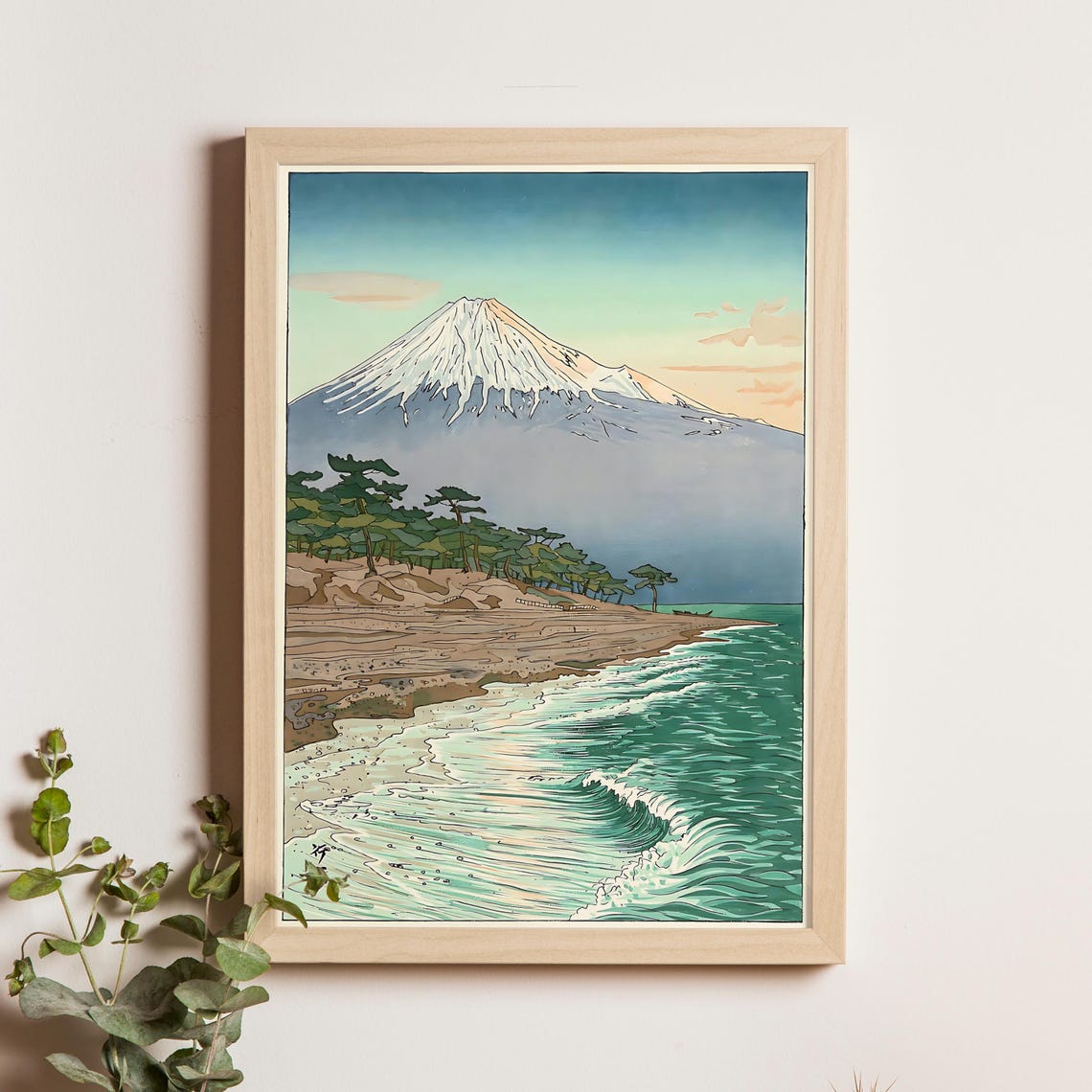 Mount Fuji From Hagoromo Coast Beach Waves Vintage Poster Art