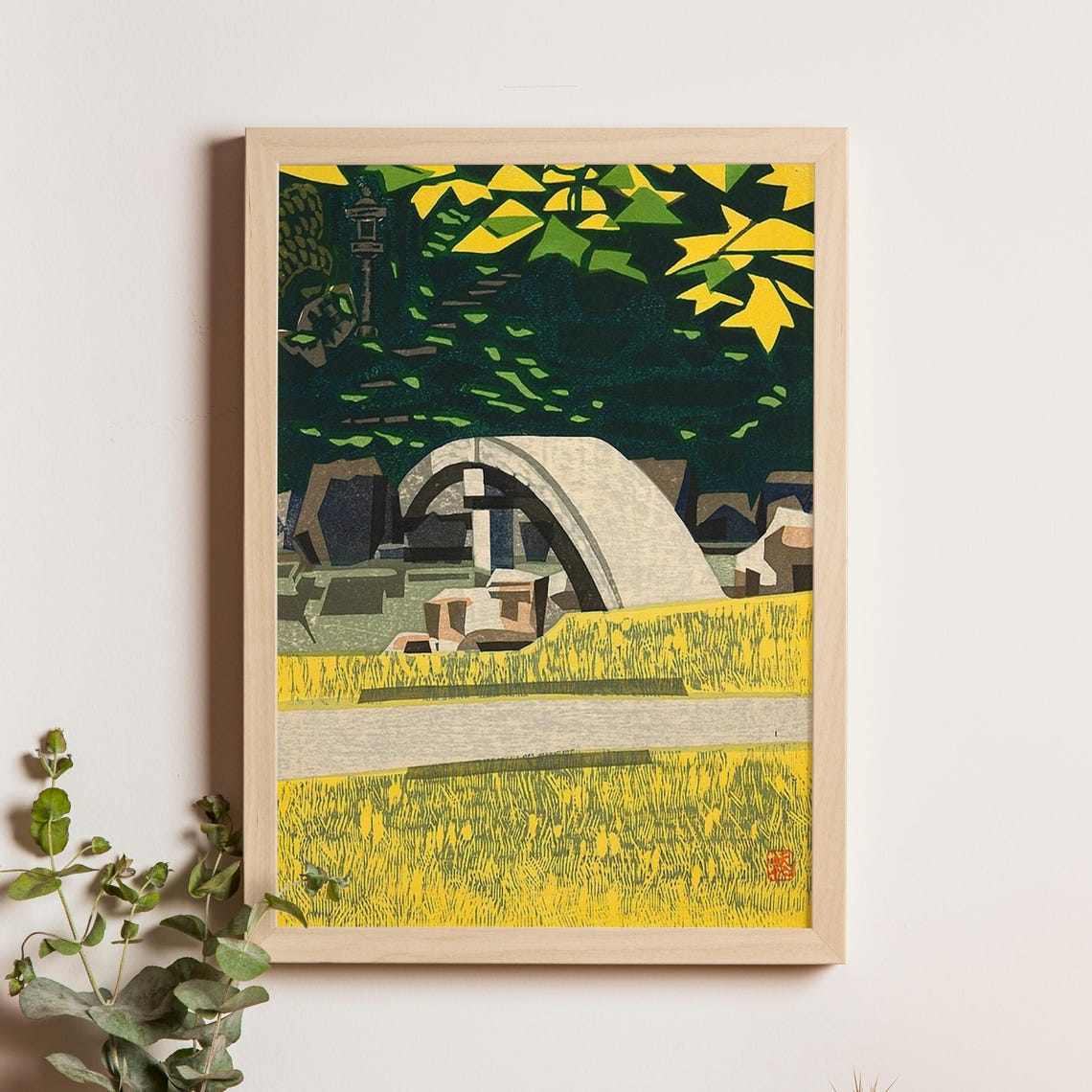 Hashimoto Okiie Stone Bridge Over Golden Field Woodblock Poster