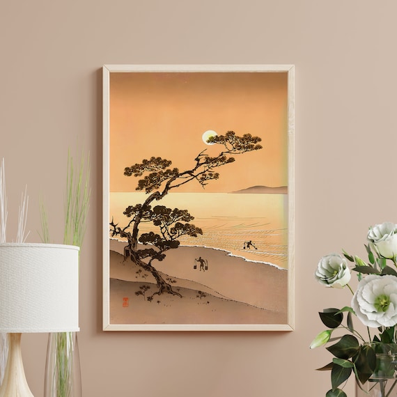 Moon Over Suma Beach Arai Yoshimune Golden Sunset Woodblock Poster