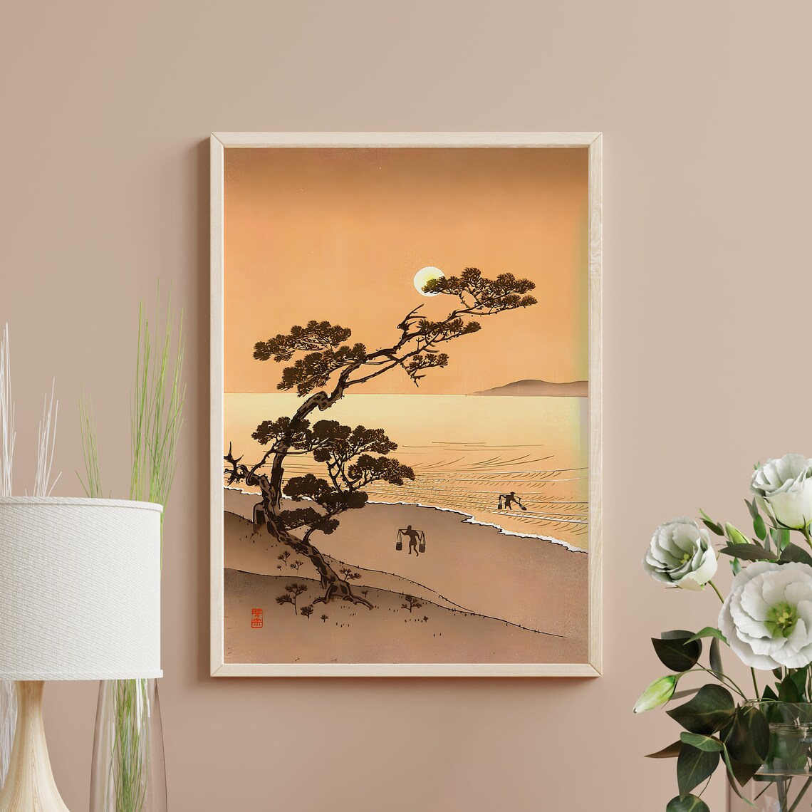 Moon Over Suma Beach Arai Yoshimune Golden Sunset Woodblock Poster