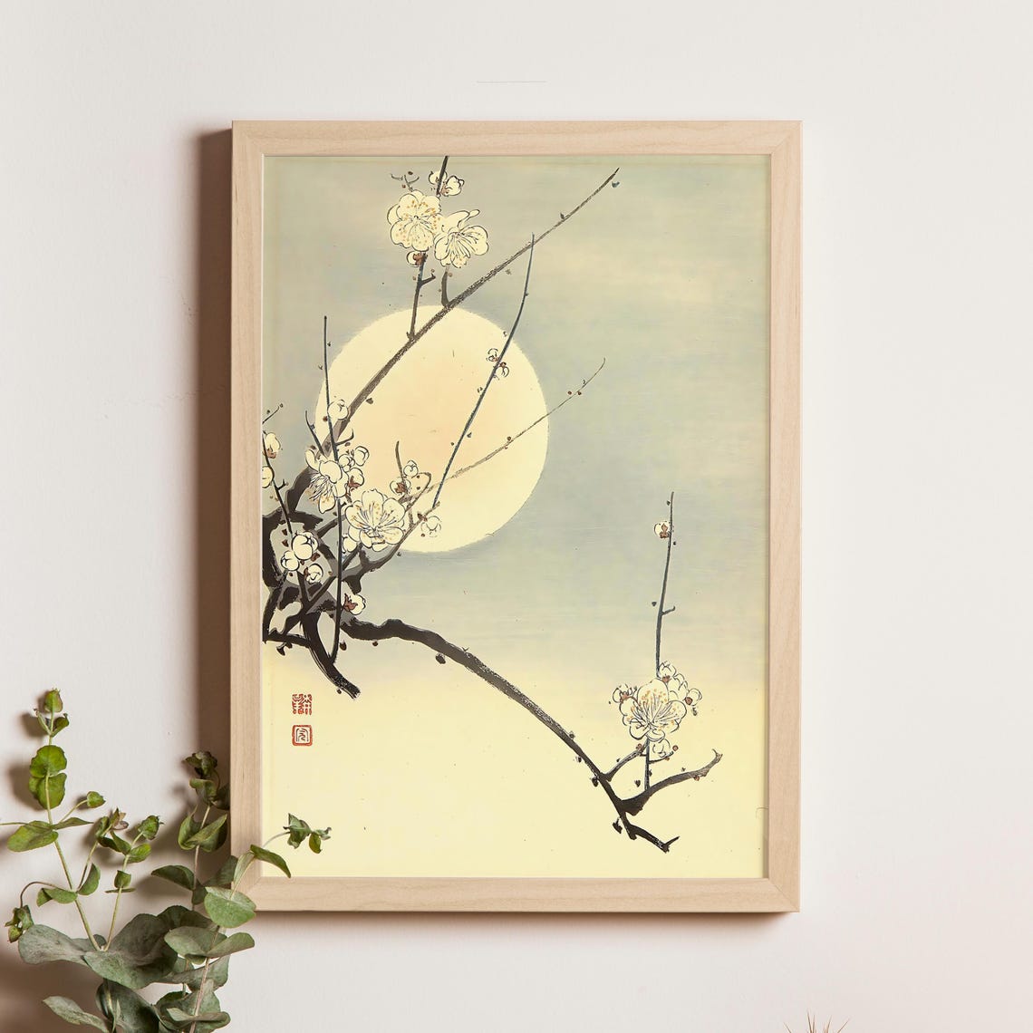 Koho 1930s Plum Blossom Branches Full Moon Japanese Night Poster