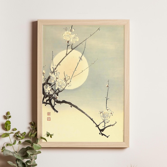 Koho 1930s Plum Blossom Branches Full Moon Japanese Night Poster