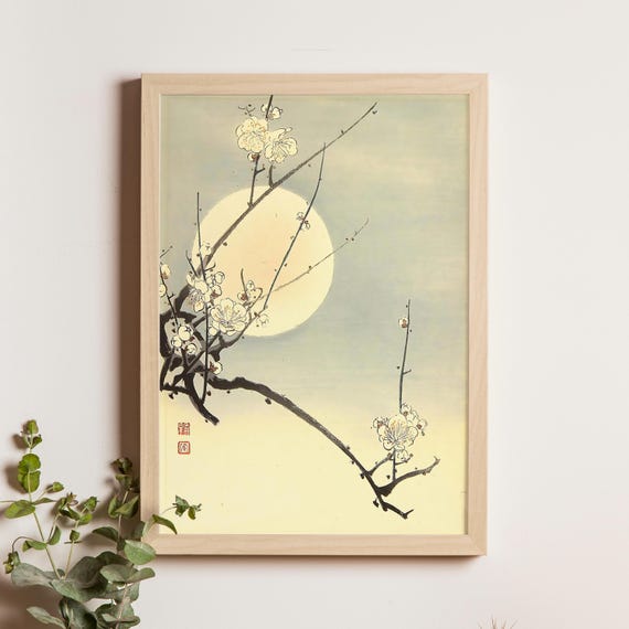 Plum And Moon Koho 1930s Japanese Shinhanga Night Scene Full Woodblock Print Vintage Gicle Wall Art Asian Decor