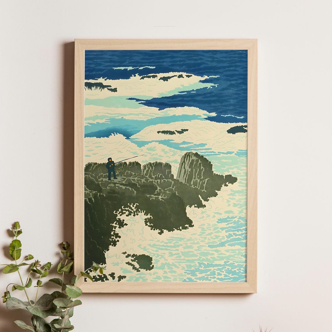 Fisherman on Rocky Cliffs Casting Into Ocean Waves Woodblock Poster