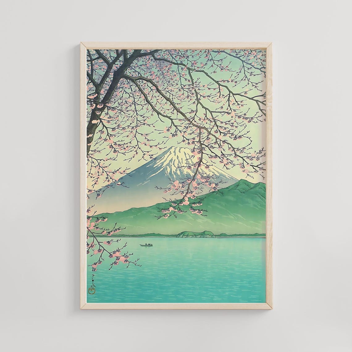 Kawase Hasui Mount Fuji With Cherry Blossoms Over Lake Scene Poster