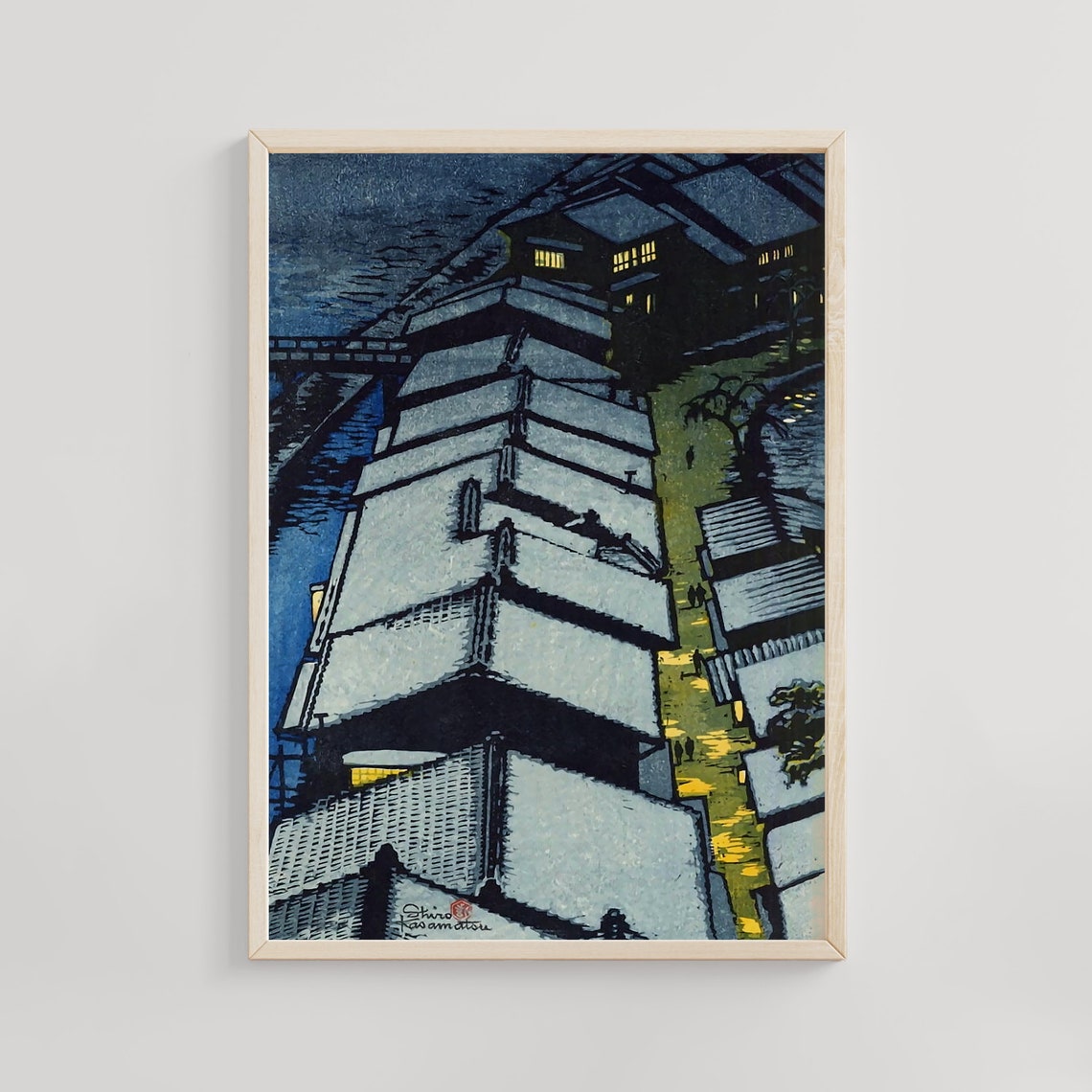 Night Riverside Rooftops Kasamatsu Shiro Moonlit Woodblock Poster