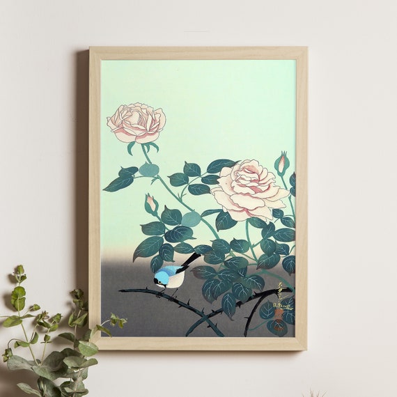 Red Rose Painting Ohno Bakufu Art Vintage Ukiyoe Artwork Japanese Floral Poster Flower Wall Decor Botanical Illustration