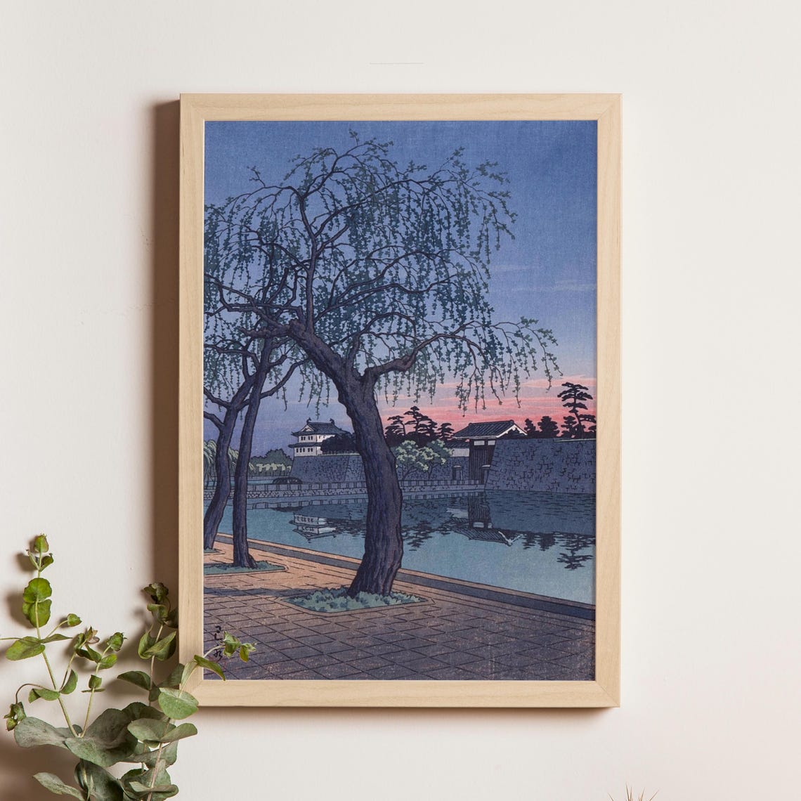 Willow Trees by Castle Moat at Dusk Under Pink Sunset Sky Poster