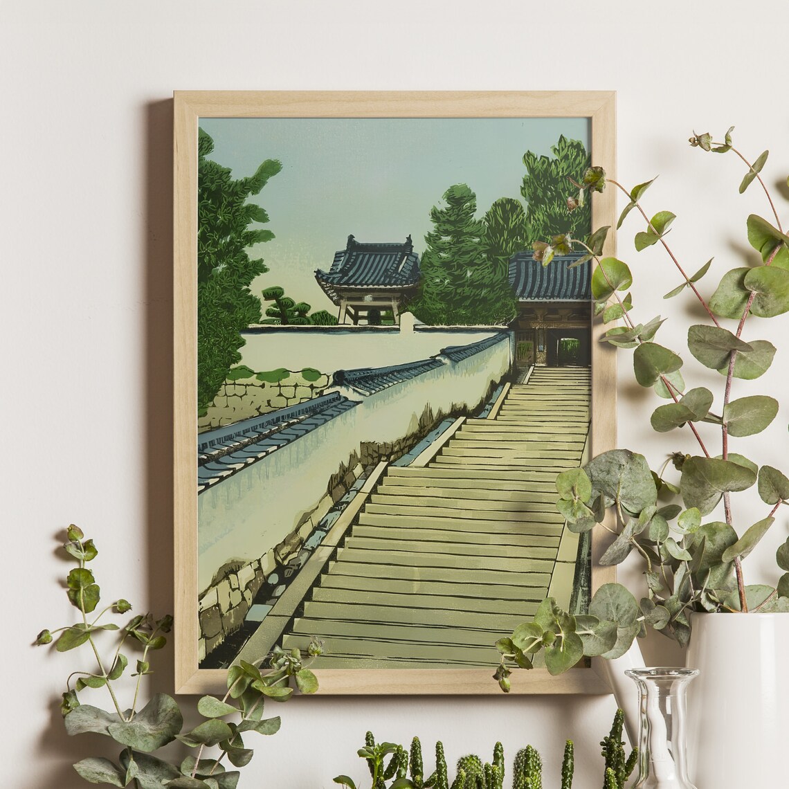 Stone Temple Steps White Plaster Walkway Garden Woodblock Poster