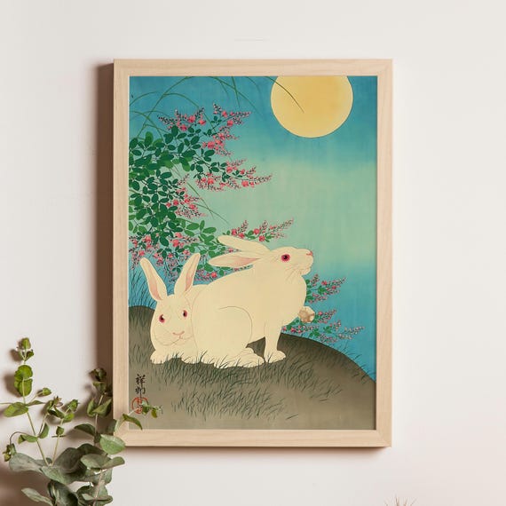 Rabbits And The Moon Ohara Koson 1931 Japanese Shinhanga Woodblock Print Wildlife Nature Kachoe Bird Flower Art Poster