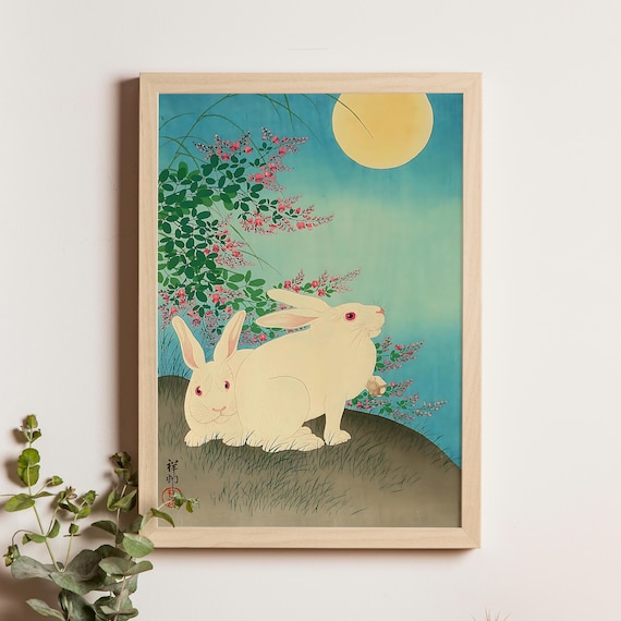 White Rabbits under Full Moon Blossom Japanese Woodblock Poster