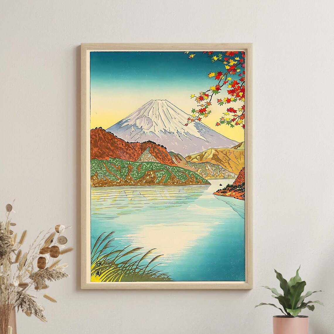 Mount Fuji and Lake Ashi Autumn Foliage Japanese Woodblock Poster